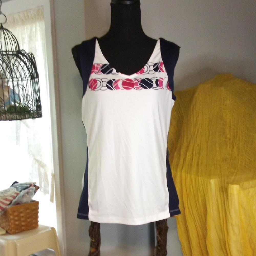 USA Pickleball NWT GrandSlam White & Navy Tank Top with Pink Pattern Size Large